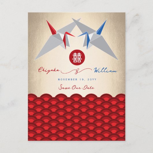 紙クレーン折り紙ホタテの結婚式の日付を保存 案内ポストカード (正面)