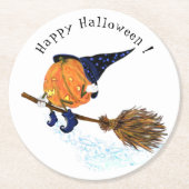 紙コースターおもしろいハロウィーンウィッチパンプキン飛んでいる ラウンドペーパーコースター (正面)