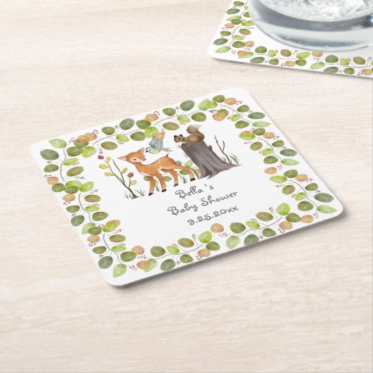 紙コースターウッドランド動物のベビーシャワー スクエアペーパーコースター (アングル)