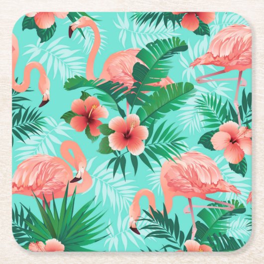 紙コースターズフラミンゴトロピカルパームズ スクエアペーパーコースター (正面)