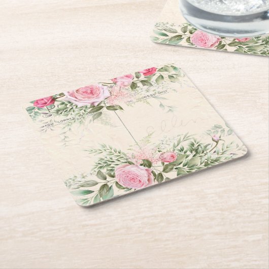 紙コースターヴィンテージピンクローズ スクエアペーパーコースター (アングル)