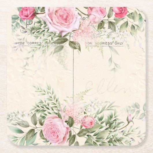 紙コースターヴィンテージピンクローズ スクエアペーパーコースター (正面)