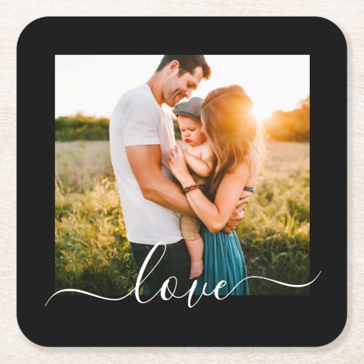 紙コースター結婚ズ愛文字フォトブラック スクエアペーパーコースター (正面)