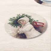 紙コースター：ヴィンテージ:女の子+クリスマスツリー ラウンドペーパーコースター (アングル)