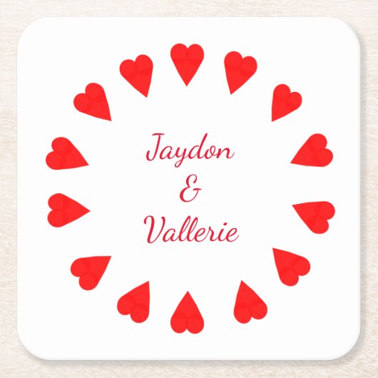 紙コースター – 名前の付いた赤いハートの円 (正面)