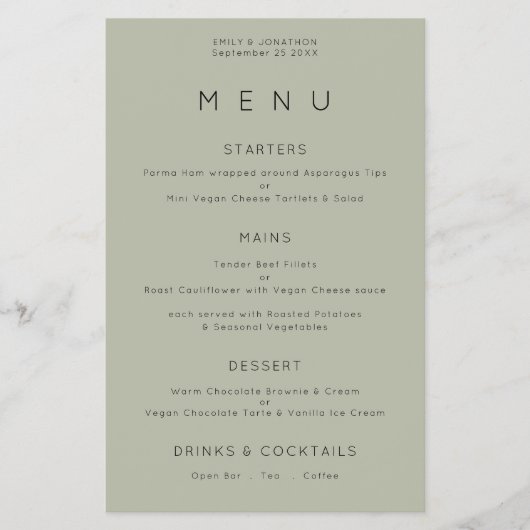 紙シンプルタイポグラフィソフトセージ結婚のメニュー チラシ (正面)