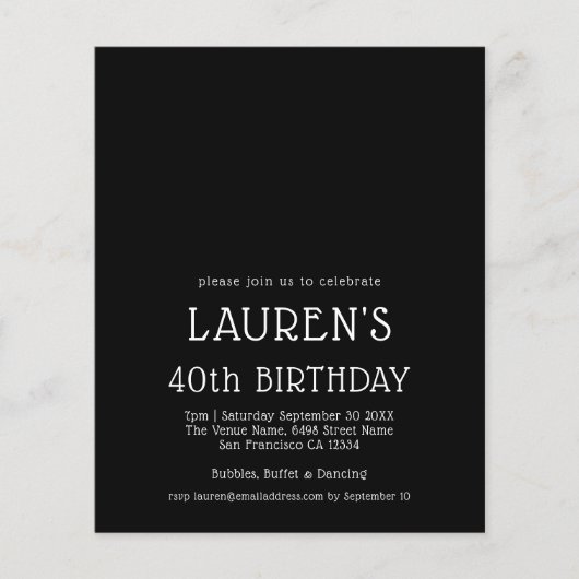 紙シンプル文字ホワイトブラック40th誕生日パーティー チラシ (正面)