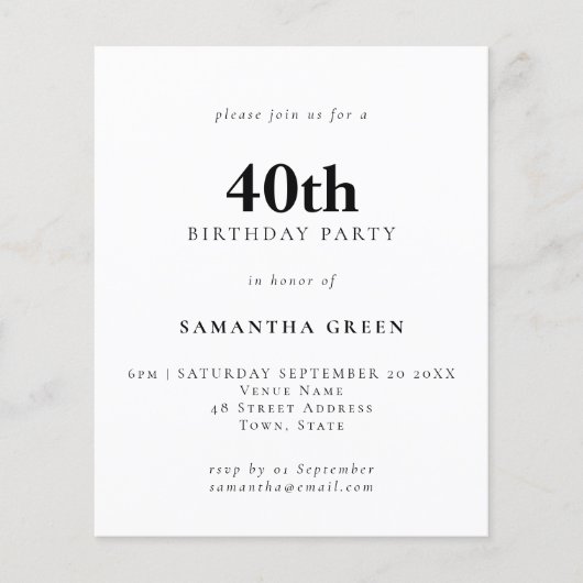 紙シンプル文字任意の色40th誕生日招待状 チラシ (正面)