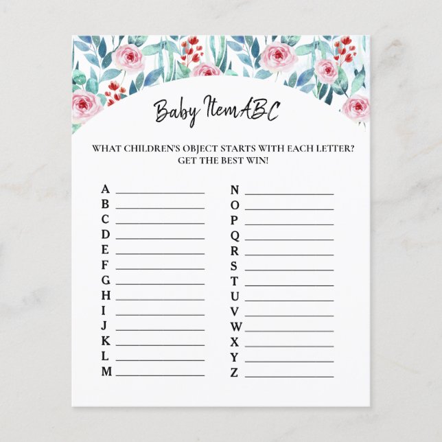 紙シートゲーム"ベビーアイテムABC"赤ちゃんシャワー。 (正面)