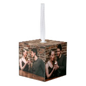 紙テクスチャー私たちの初めてのクリスマス結婚した3写真 キューブオーナメント (裏面アングル)