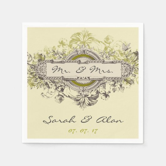 紙ナプキンを結婚する緑の灰色の花のヴィンテージ スタンダードカクテルナプキン (正面)