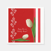 紙ナプキンスレッド&ホワイトストライプフローラナプキンス スタンダードカクテルナプキン (正面)