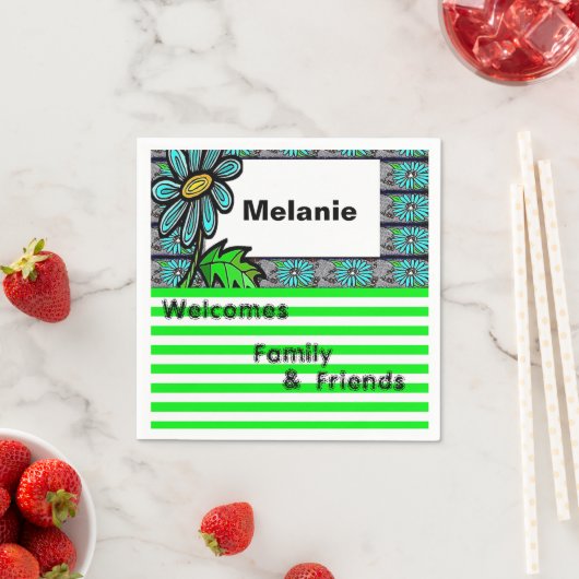 紙ナプキンス、グリーンストライプフローラ スタンダードカクテルナプキン (インサイチュ)