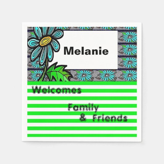 紙ナプキンス、グリーンストライプフローラ スタンダードカクテルナプキン (正面)