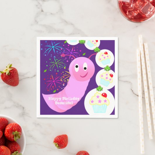 紙ナプキンス、ハッピーバースデーピンクウォームカップケーキ スタンダードカクテルナプキン (インサイチュ)