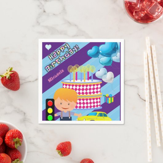 紙ナプキンス、ハッピーバースデーボーイカーケーキ スタンダードカクテルナプキン (インサイチュ)