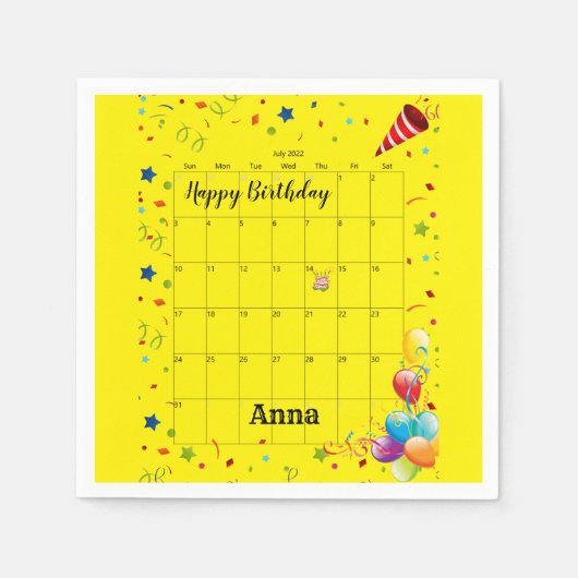 紙ナプキンス、ハッピーバースデー2022年7月イエロー スタンダードカクテルナプキン (正面)
