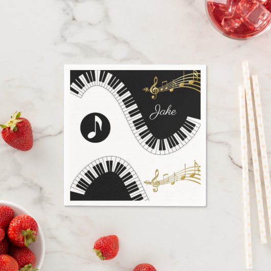 紙ナプキンス、ピアノホワイトブラック金ゴールドミュージックノート スタンダードカクテルナプキン (インサイチュ)