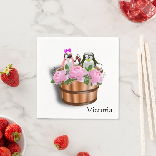 紙ナプキンス、フローラピンクローズペンギンワイン スタンダードカクテルナプキン (インサイチュ)