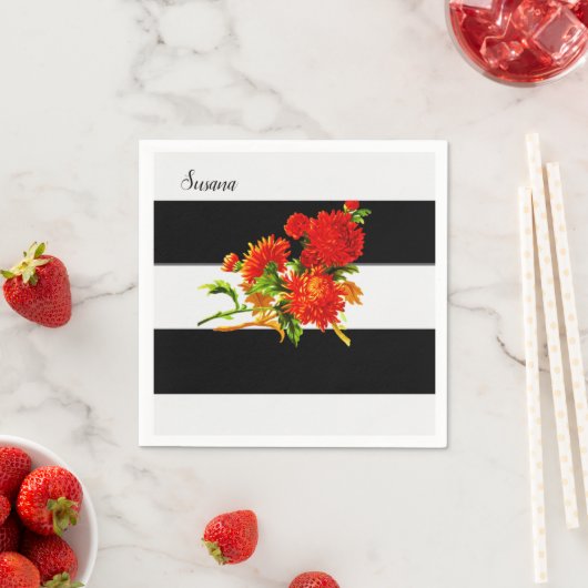 紙ナプキンス、フローラブラックストライプ スタンダードカクテルナプキン (インサイチュ)