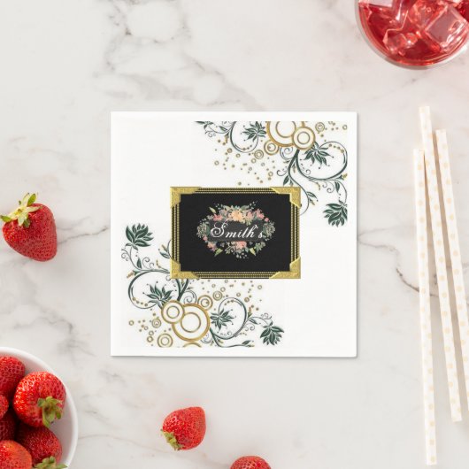 紙ナプキンス、ブラックフローラフラワーズモノグラム スタンダードカクテルナプキン (インサイチュ)