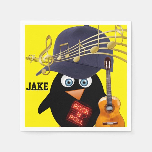 紙ナプキンス、ペンギンギターロックnロール スタンダードカクテルナプキン (正面)