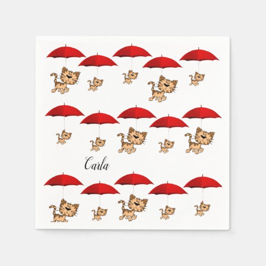 紙ナプキンス、子猫の赤い傘 スタンダードカクテルナプキン (正面)