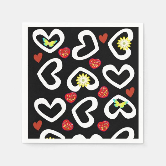 紙ナプキンス、白黒ハートナプキンス スタンダードカクテルナプキン (正面)