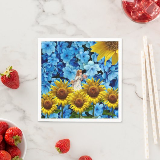 紙ナプキンズサンフラワーエンジェルブルーブラックフローラ スタンダードカクテルナプキン (インサイチュ)