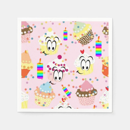 紙ナプキンズハッピー顔カップケーキハッピーバースデー スタンダードカクテルナプキン (正面)