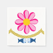 紙ナプキンズピンクフラワー金ゴールドチェーンフィッシュ スタンダードカクテルナプキン (正面)