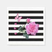 紙ナプキンズブラック&ホワイトストライプローズピンク スタンダードカクテルナプキン (正面)