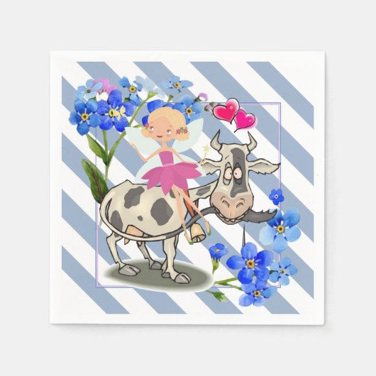 紙ナプキンズブルー&ホワイトストライプフローラカウズ スタンダードカクテルナプキン (正面)