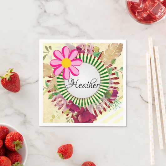 紙ナプキンズベージュ金ゴールドストライプフローラ花 スタンダードカクテルナプキン (インサイチュ)