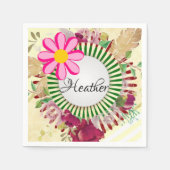 紙ナプキンズベージュ金ゴールドストライプフローラ花 スタンダードカクテルナプキン (正面)