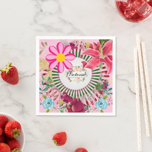 紙ナプキンズモノグラムフローラピンク スタンダードカクテルナプキン (インサイチュ)