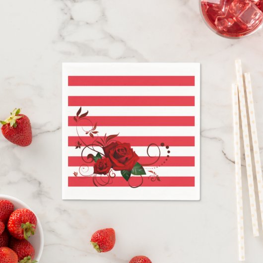 紙ナプキンズレッド&ホワイトストライプフローラレッドローズ スタンダードカクテルナプキン (インサイチュ)