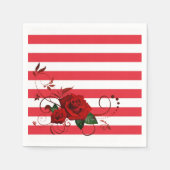 紙ナプキンズレッド&ホワイトストライプフローラレッドローズ スタンダードカクテルナプキン (正面)