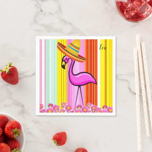 紙ナプキンズ、フラミンゴストライプフローラ スタンダードカクテルナプキン (インサイチュ)