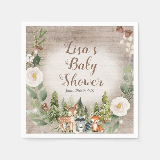紙ナプキン冬の森の動物白いフローラ スタンダードカクテルナプキン (正面)