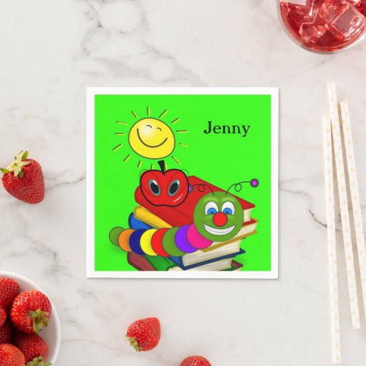 紙ナプキン、ブックワーム、書籍、アップル、グリーン スタンダードカクテルナプキン (インサイチュ)