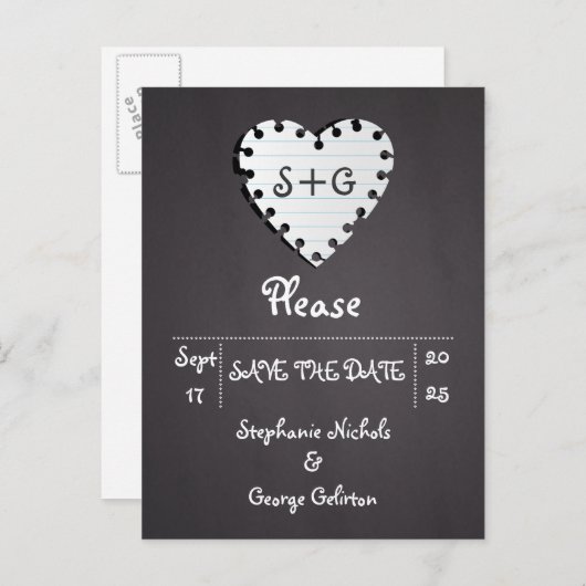 紙ハートの中盤結婚式の日付を保存 案内ポストカード (正面/裏面)