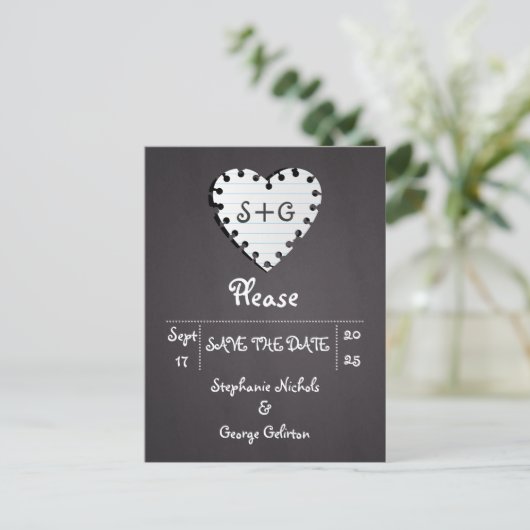 紙ハートの中盤結婚式の日付を保存 案内ポストカード (スタンド正面)