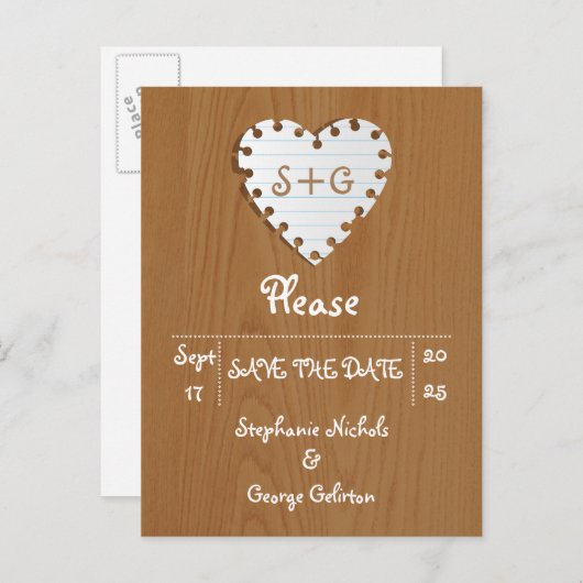 紙ハート木製の結婚式の日付を保存 案内ポストカード (正面/裏面)