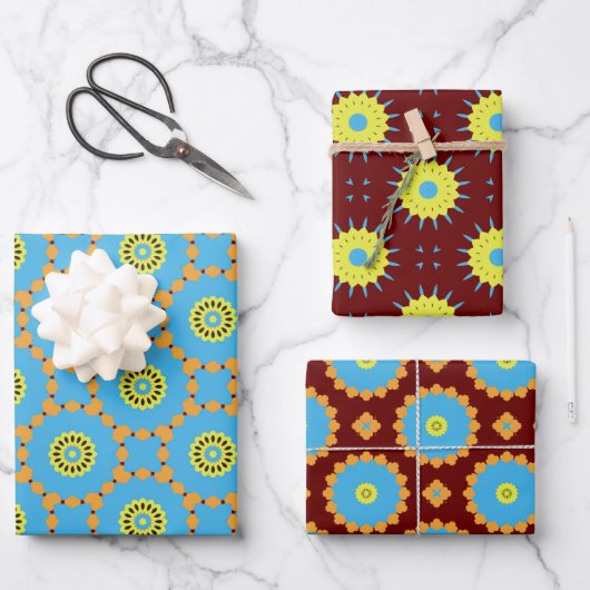 紙パック175装飾茶色ブルーイエロー ラッピングペーパーシート (正面)