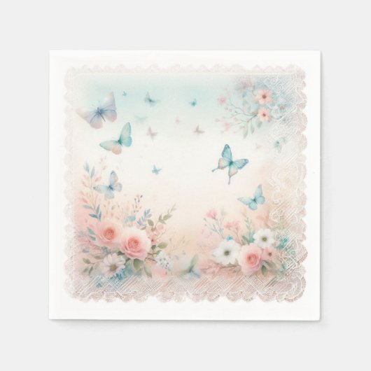 紙パーティーナプキン、ソフト、水色、蝶 スタンダードカクテルナプキン (正面)