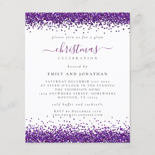 紙パープルグリッタークリスマスパーティーホワイト招待状 チラシ (正面)