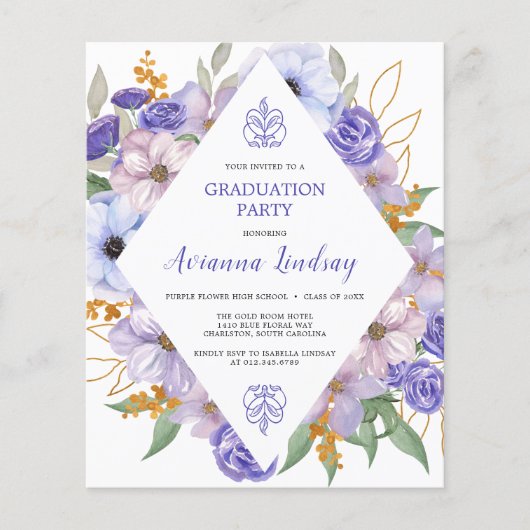 紙パープルフローラ卒業パーティー招待状 チラシ (正面)