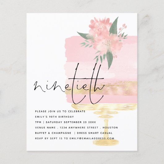 紙ピンク金ゴールドお誕生日ケーキ90thパーティー招待状 チラシ (正面)