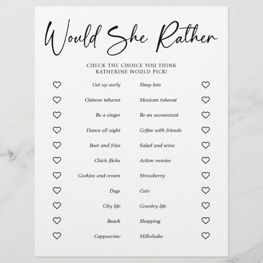 紙ブライダルシャワーパーティーゲームは彼女はむしろ チラシ (正面)